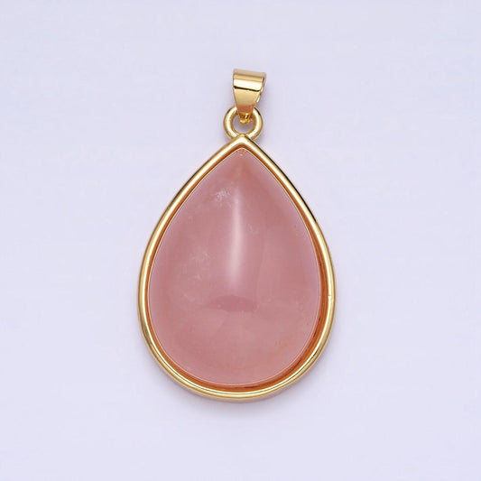 24k gold filled 28.5mm, 35mm rose quartz natural gemstone teardrop bezel pendant | aa328 aa294