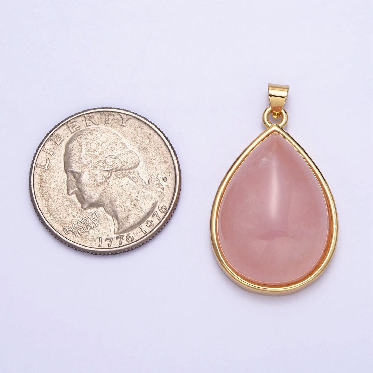 24k gold filled 28.5mm, 35mm rose quartz natural gemstone teardrop bezel pendant | aa328 aa294