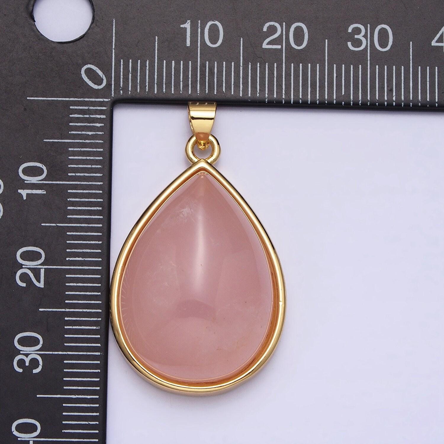 24k gold filled 28.5mm, 35mm rose quartz natural gemstone teardrop bezel pendant | aa328 aa294