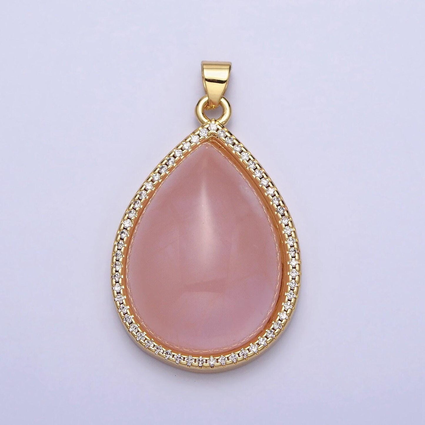 Pink rose quartz cabochon 24k gold filled tear drop pendant with micro pave cz stone aa295