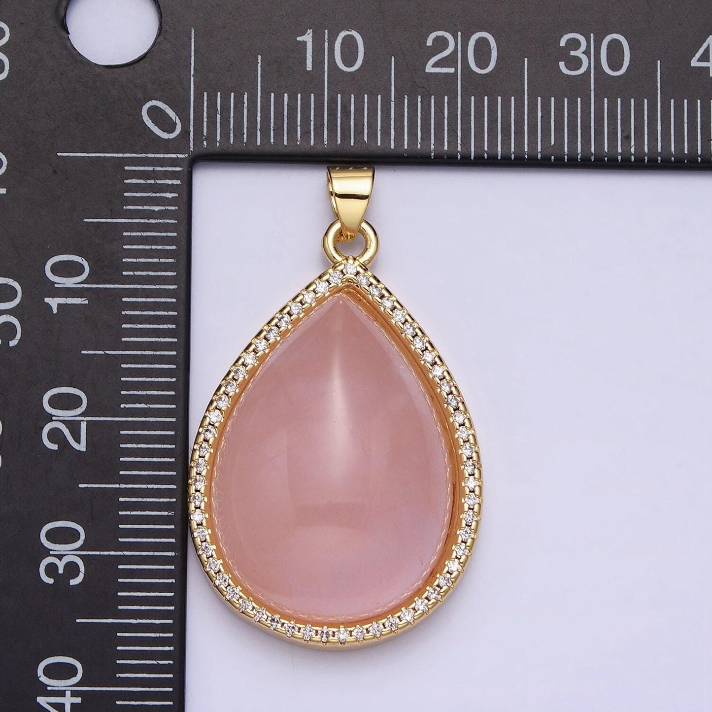 Pink rose quartz cabochon 24k gold filled tear drop pendant with micro pave cz stone aa295