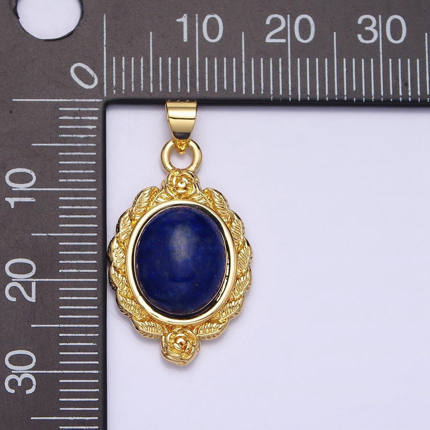24k gold filled natural stone lapiz lazuli, malachite charms, gold oval cabochon pendant with flower frame aa286 aa287