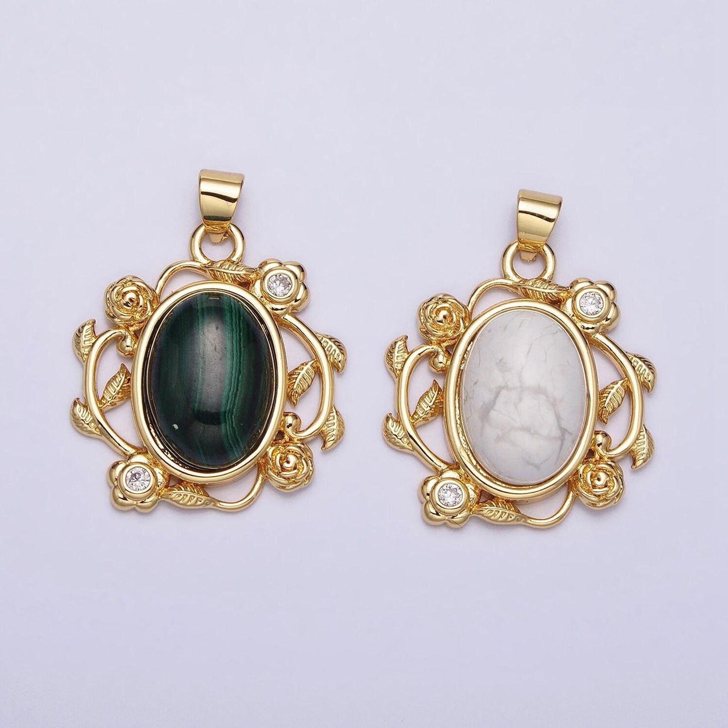 24k gold filled natural stone malachite, howlite charms, gold oval cabochon pendant with flower frame aa281 aa282
