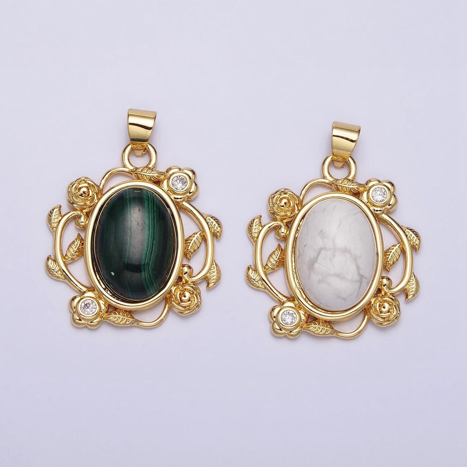 24k gold filled natural stone malachite, howlite charms, gold oval cabochon pendant with flower frame aa281 aa282