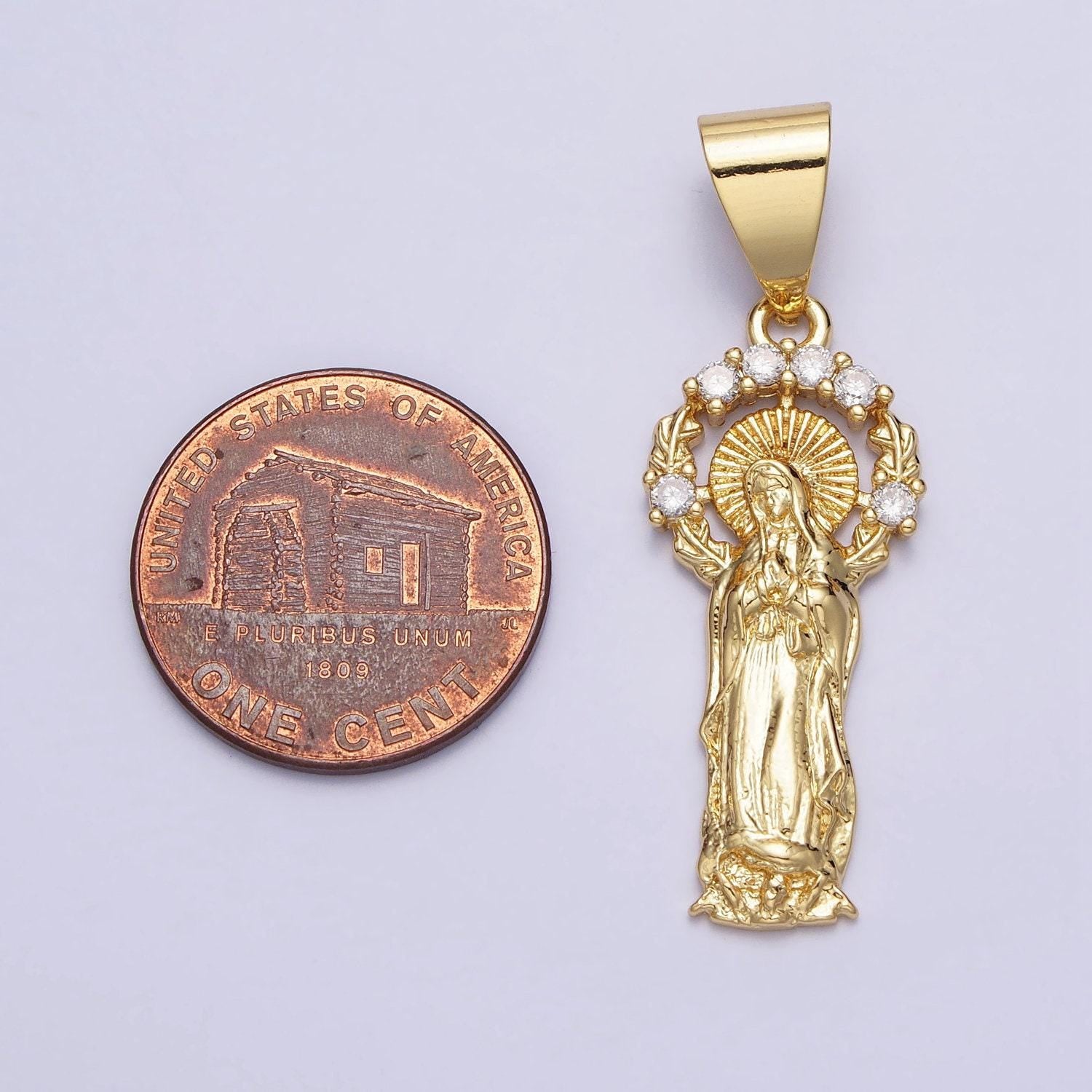 Dainty 24k gold filled virgin mary pendant lady guadalupe with micro pave halo catholic religious jewelry making aa259