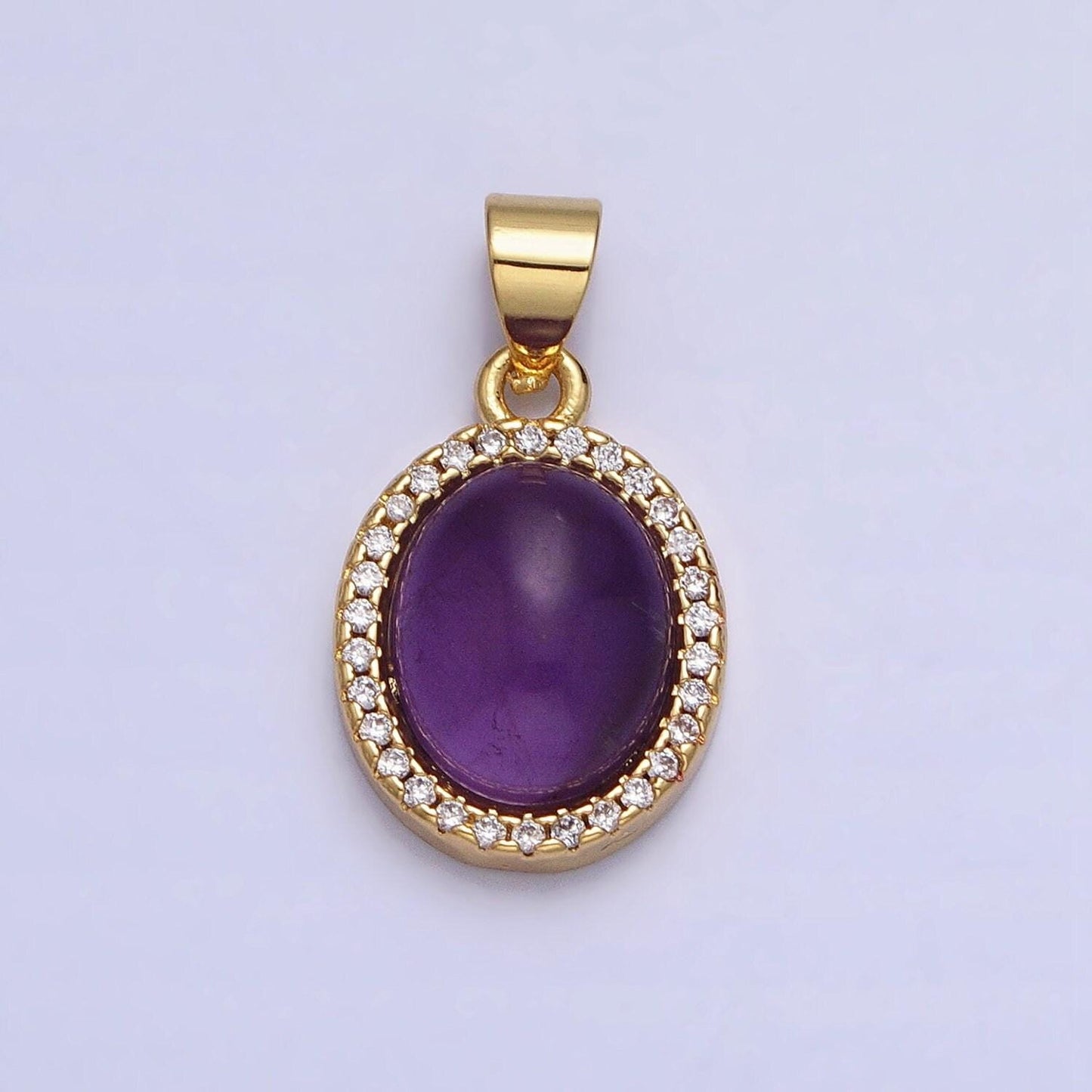 Moonstone amazonite amethyst oval charm 21x11mm gemstone pendant in 24k gold filled bezel with micro pave cz stone aa270