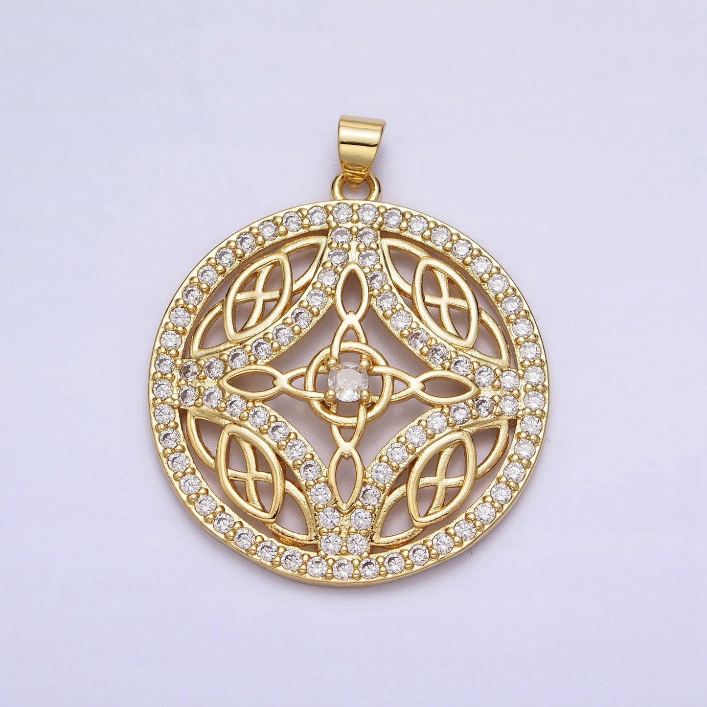 Cubic circle statement medallion pendant micro pave round disc charm in 24k gold filled aa256