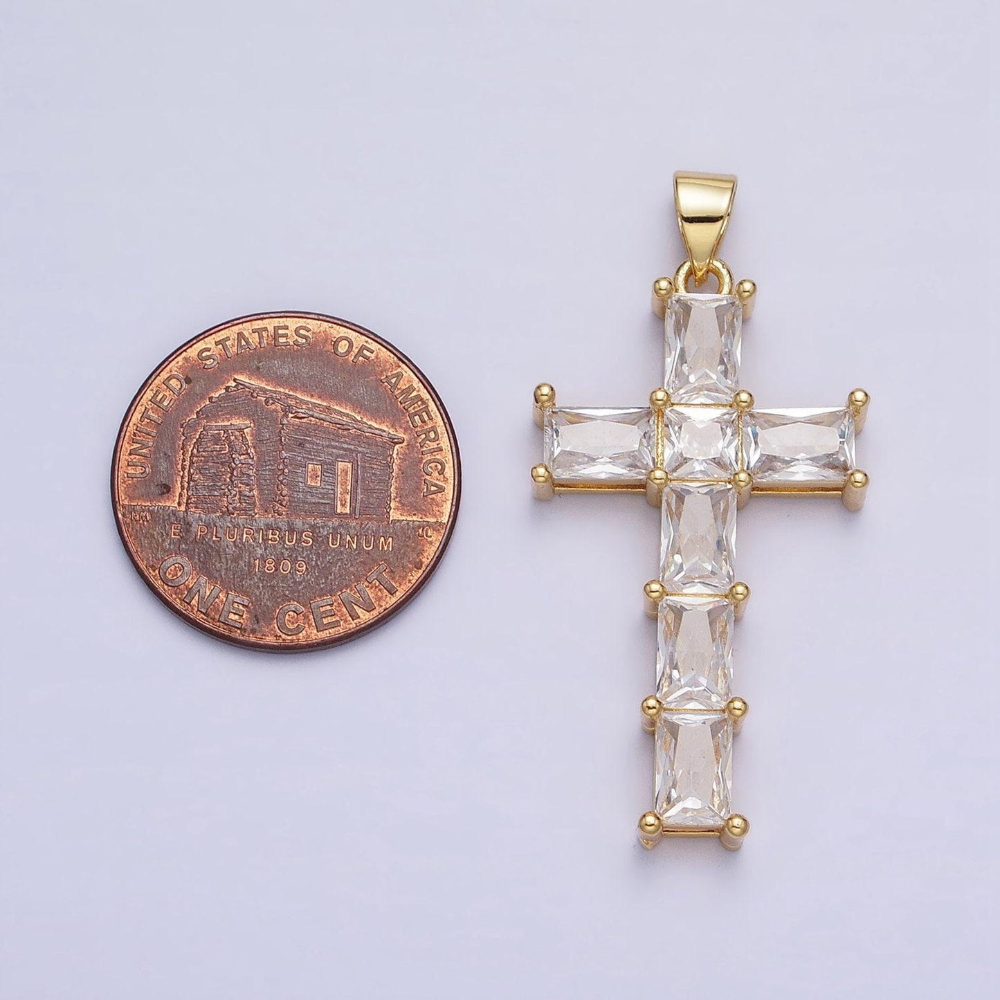 Long gold plated emerald cut cz cross religious charm pendant minimalist jewelry religious cross charm necklace with bail aa255