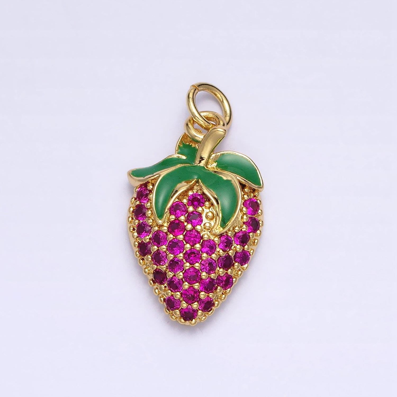 24k gold filled fuchsia micro paved cz strawberry fruit add-on charm | aa214