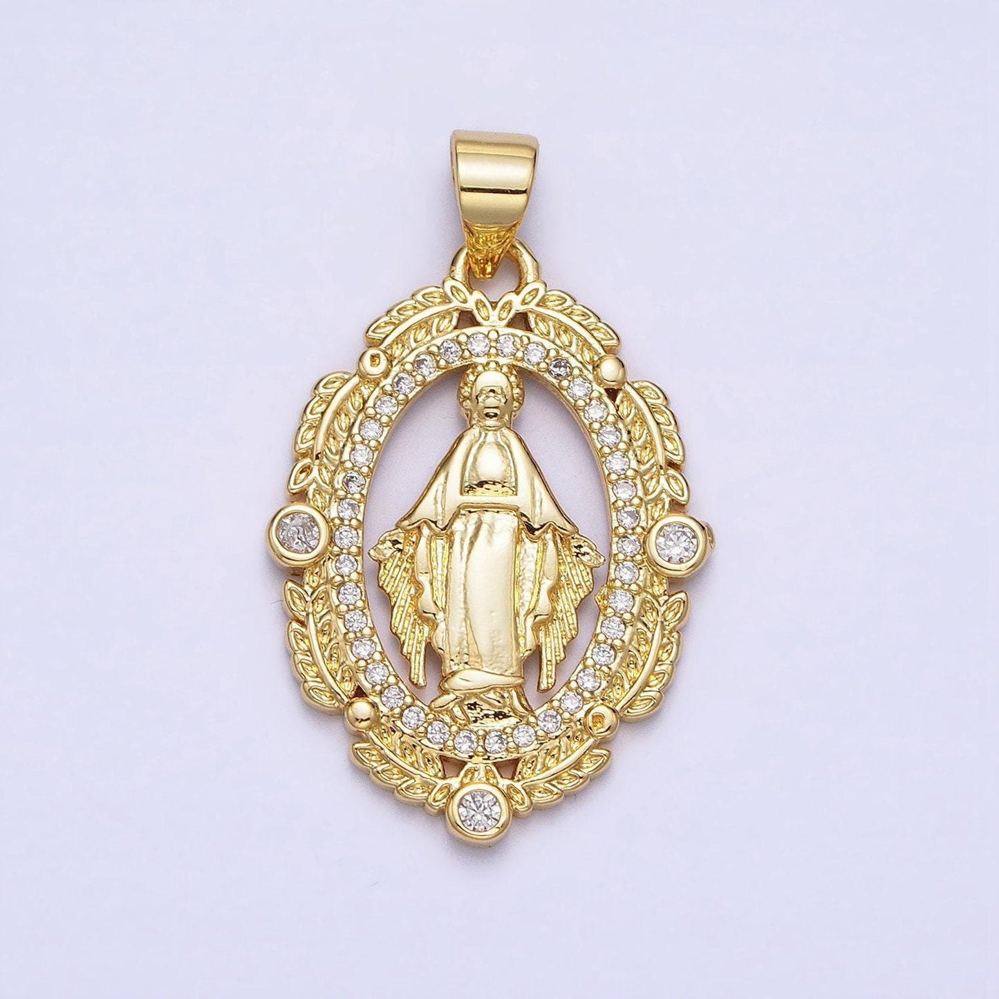 24k gold filled virgin mother mary micro paved cz wheat paddy oval pendant medallion necklace pendant | aa212