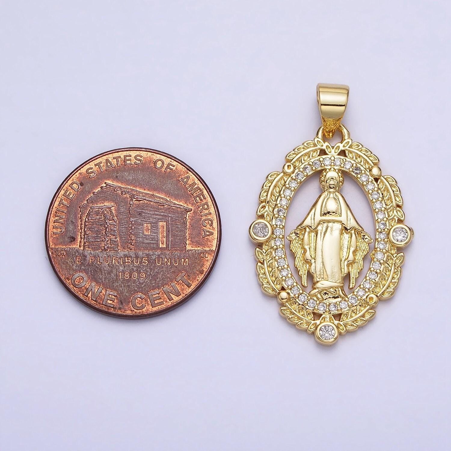 24k gold filled virgin mother mary micro paved cz wheat paddy oval pendant medallion necklace pendant | aa212