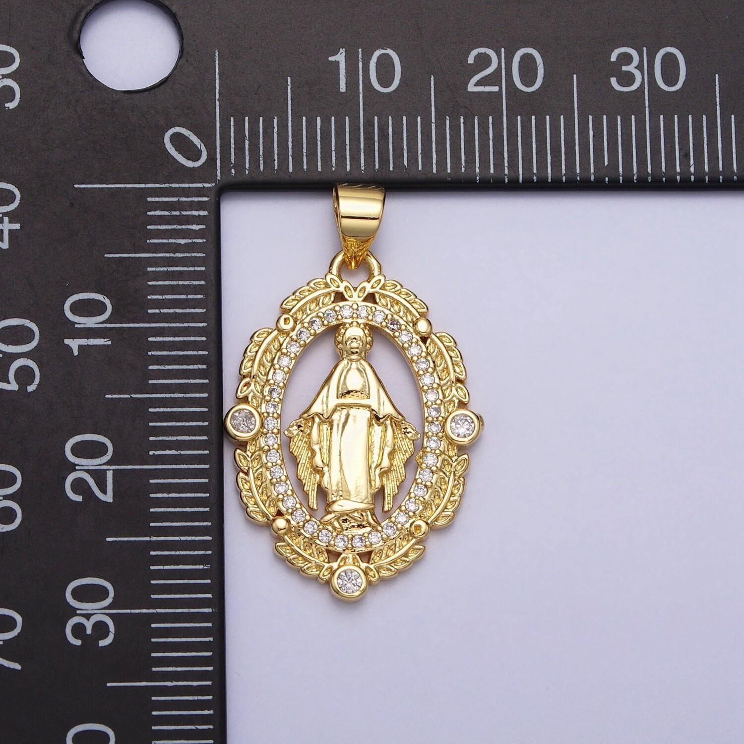 24k gold filled virgin mother mary micro paved cz wheat paddy oval pendant medallion necklace pendant | aa212