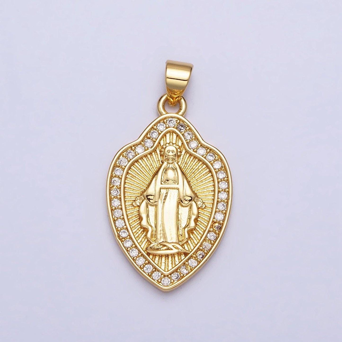 24k gold filled miraculous lady virgin mary line textured shield medallion micro paved cz pendant | aa207