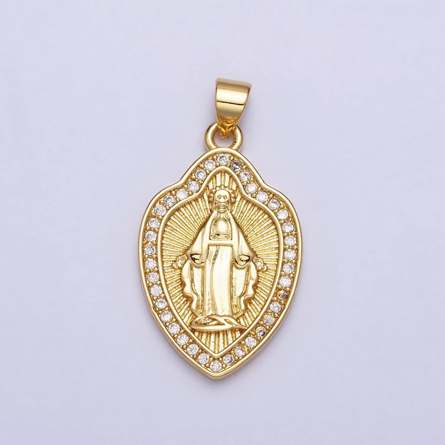 24k gold filled miraculous lady virgin mary line textured shield medallion micro paved cz pendant | aa207