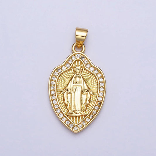 24k gold filled miraculous lady virgin mary line textured shield medallion micro paved cz pendant | aa207