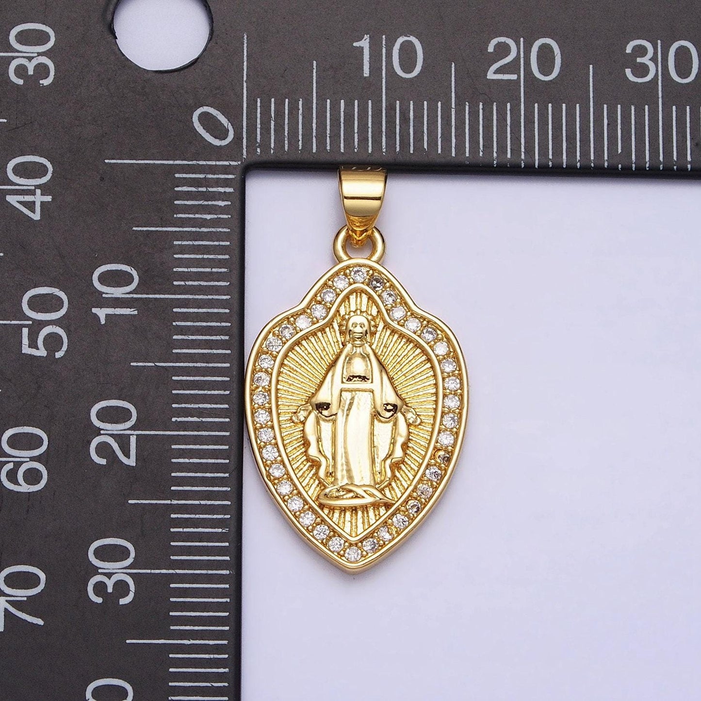 24k gold filled miraculous lady virgin mary line textured shield medallion micro paved cz pendant | aa207
