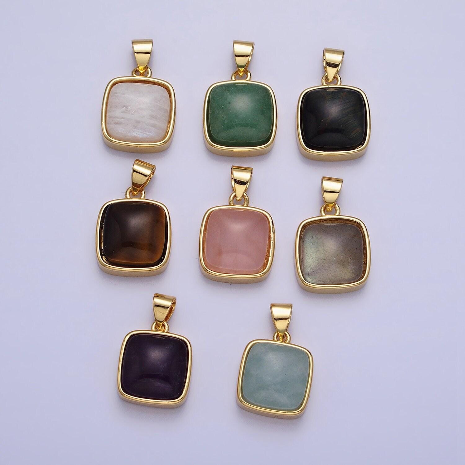 24k gold filled rose quartz, aventurine, labradorite, blue agate, amethyst square pendant geometric jewelry charm | aa183