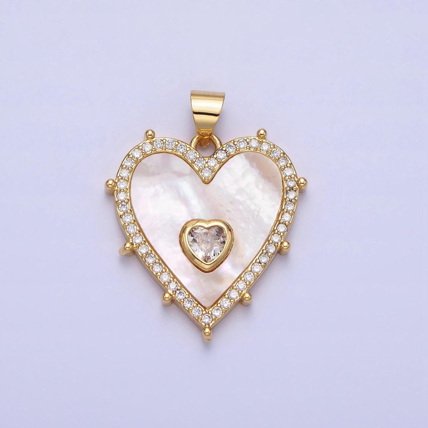 Gold, silver heart shell pearl micro paved cz pendant for mother day gift handmade jewelry supply | aa165 aa166
