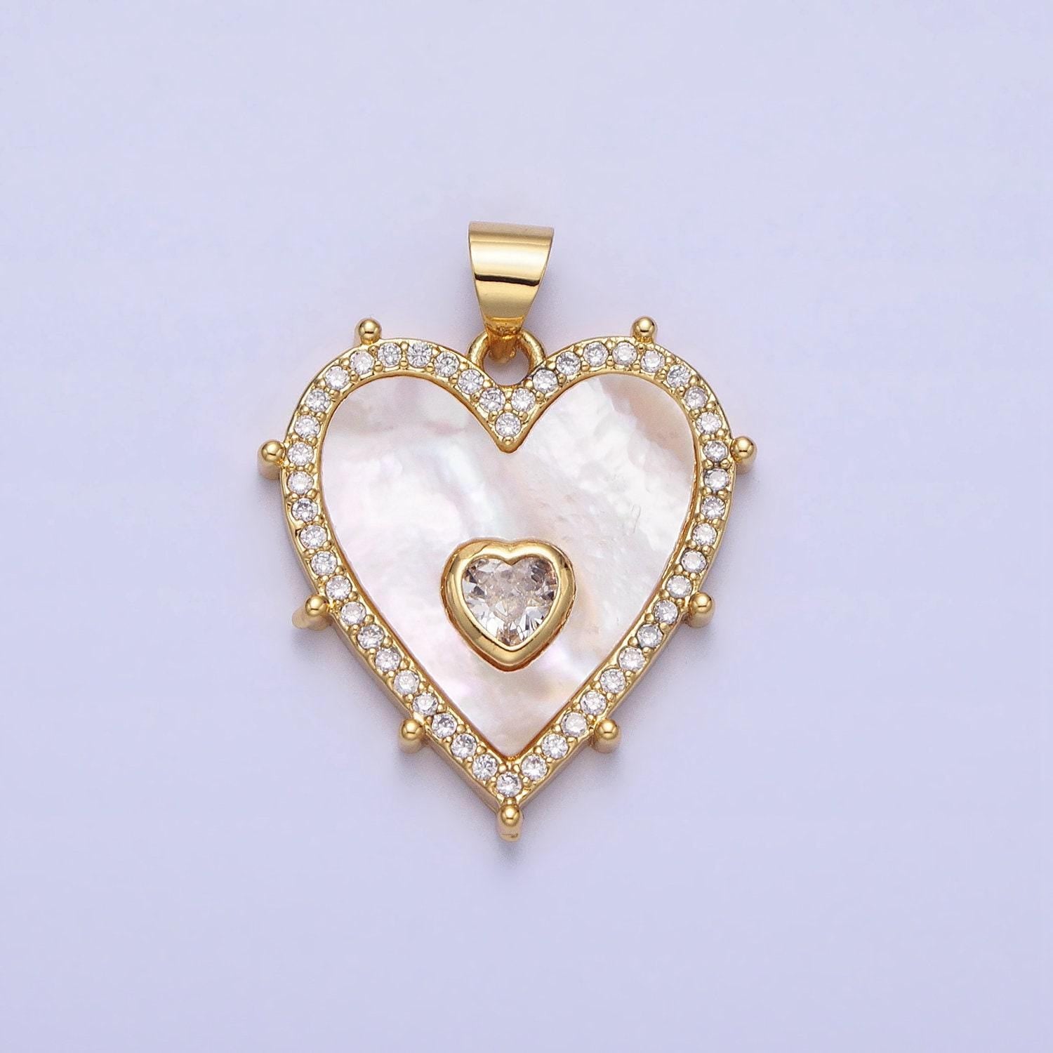 Gold, silver heart shell pearl micro paved cz pendant for mother day gift handmade jewelry supply | aa165 aa166