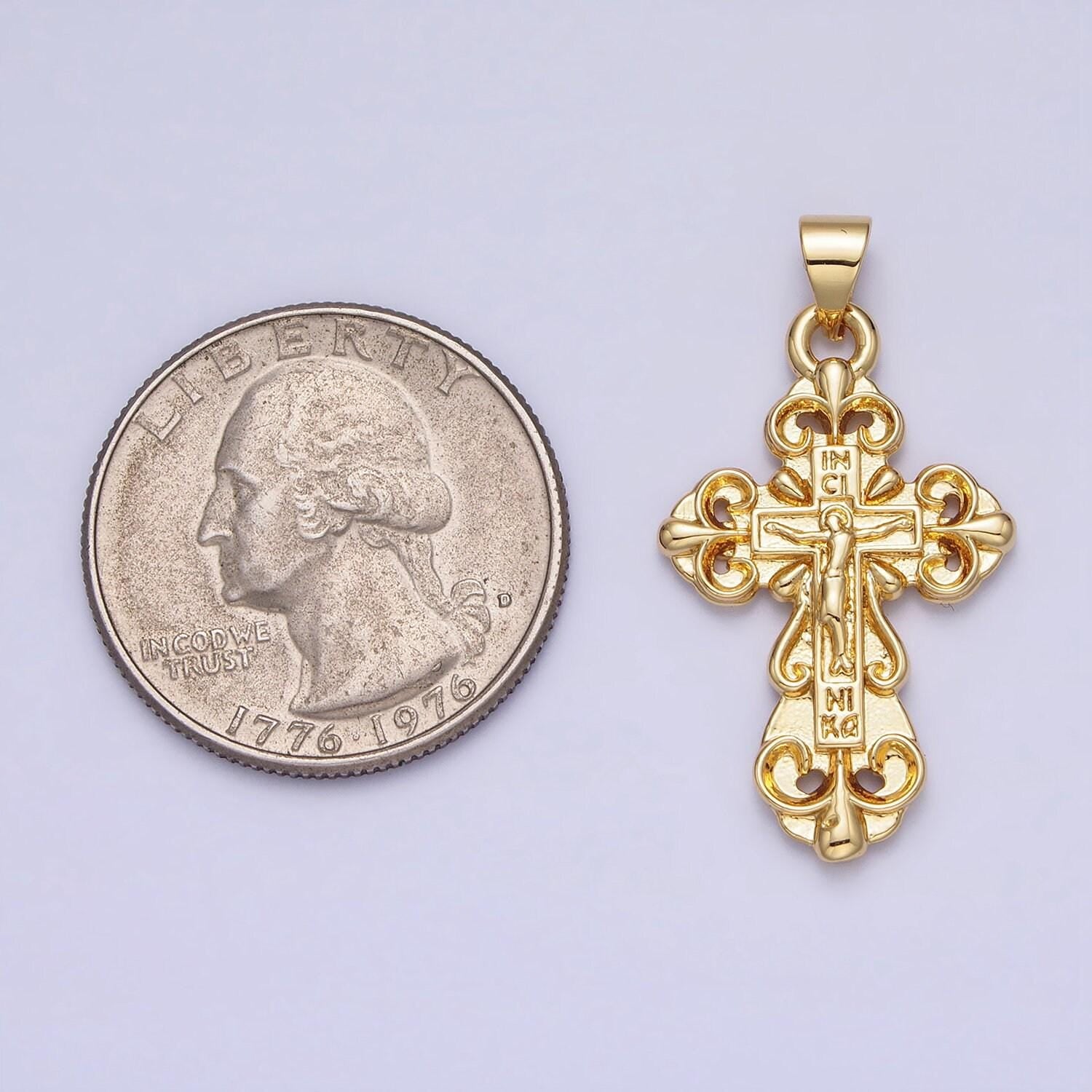 Gold ornate crucifix pendant catholic cross charm religious jewelry making aa161