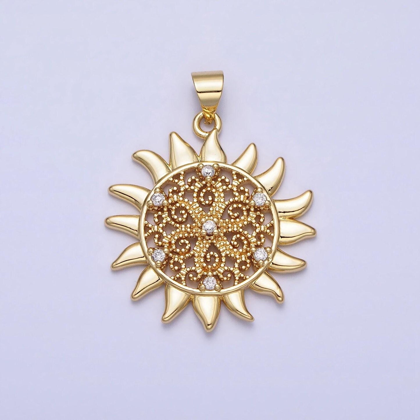 Gold sun flower charm cz filigree floral celestial medallion round pendant | aa157