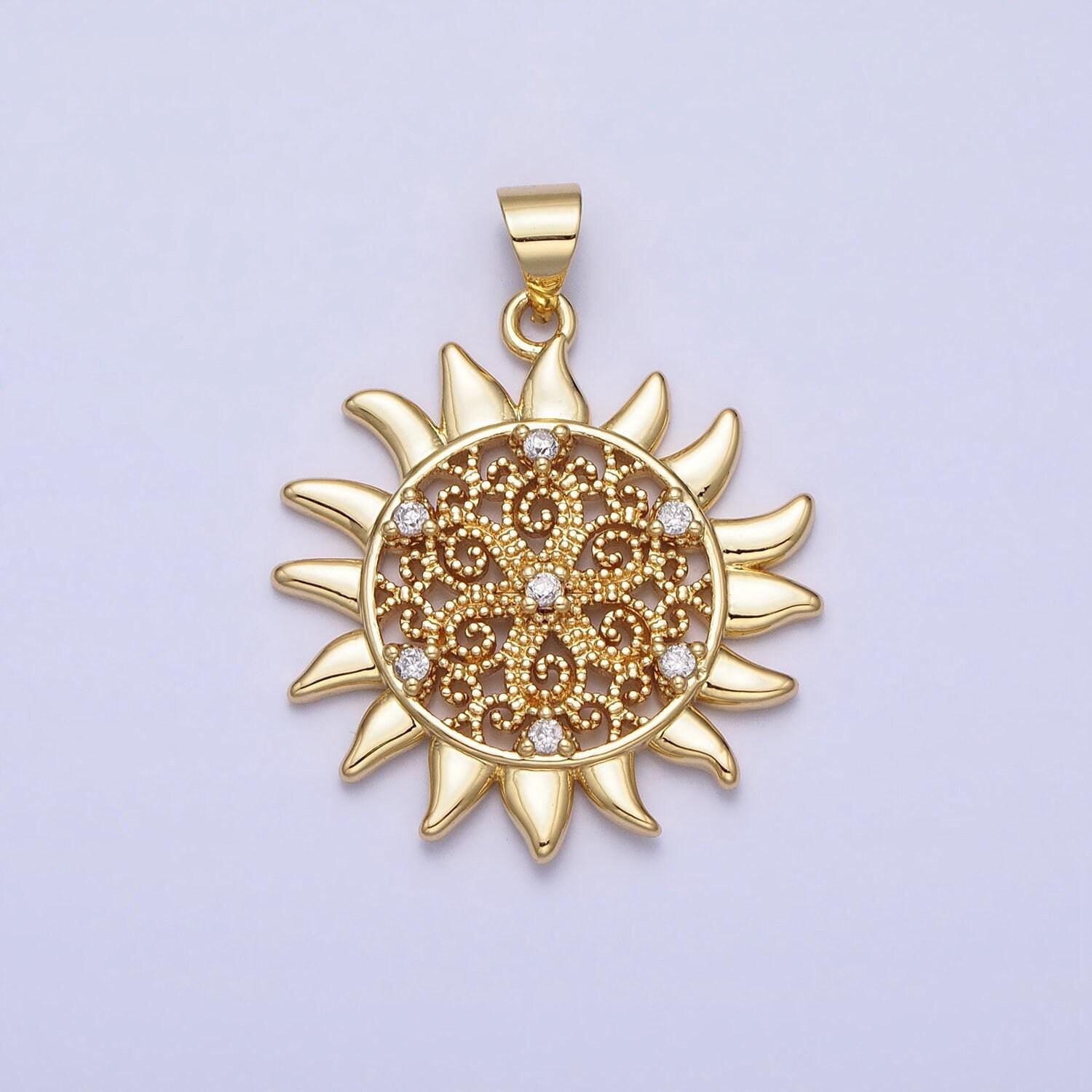 Gold sun flower charm cz filigree floral celestial medallion round pendant | aa157