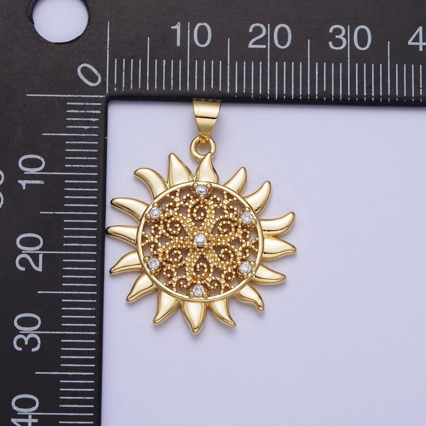 Gold sun flower charm cz filigree floral celestial medallion round pendant | aa157
