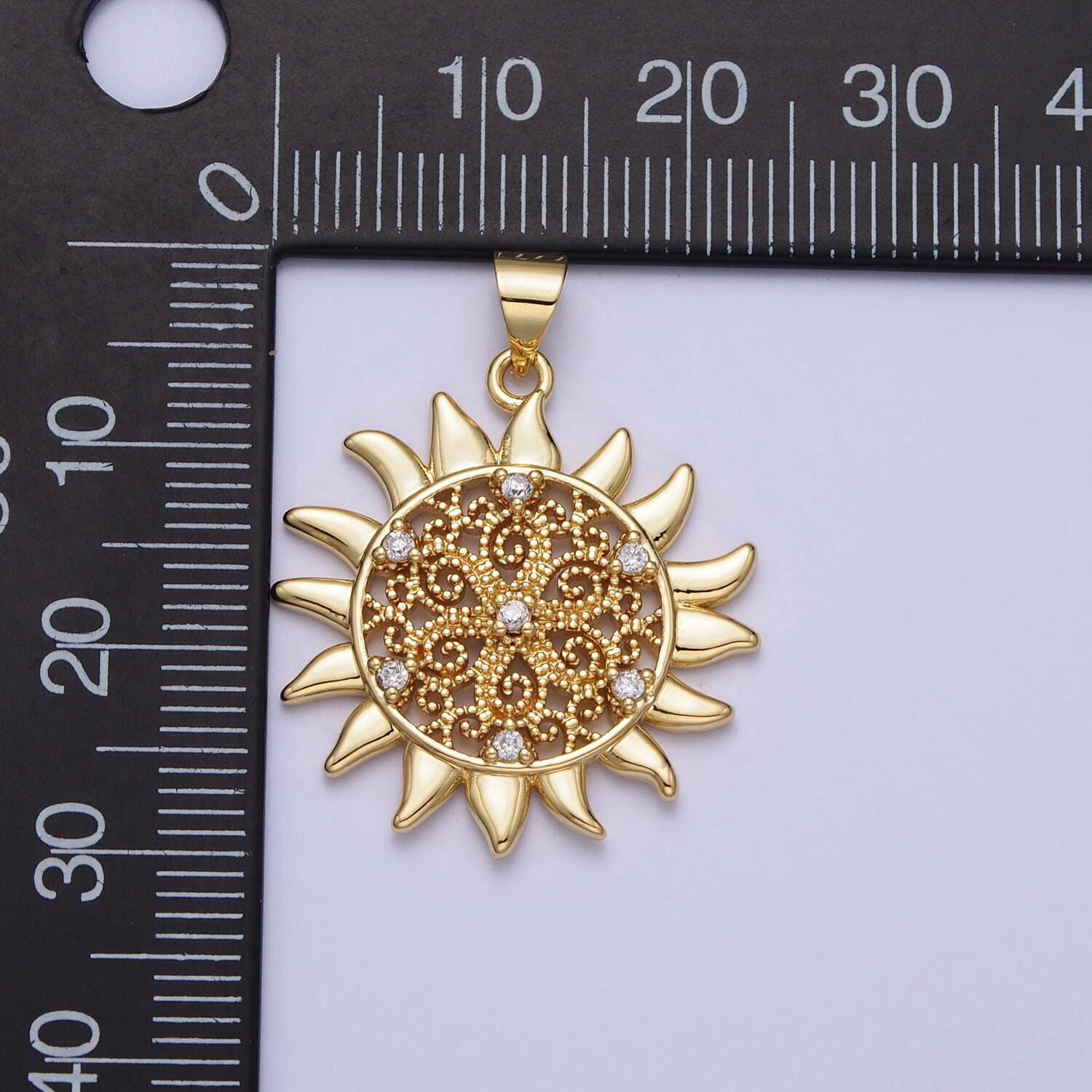 Gold sun flower charm cz filigree floral celestial medallion round pendant | aa157
