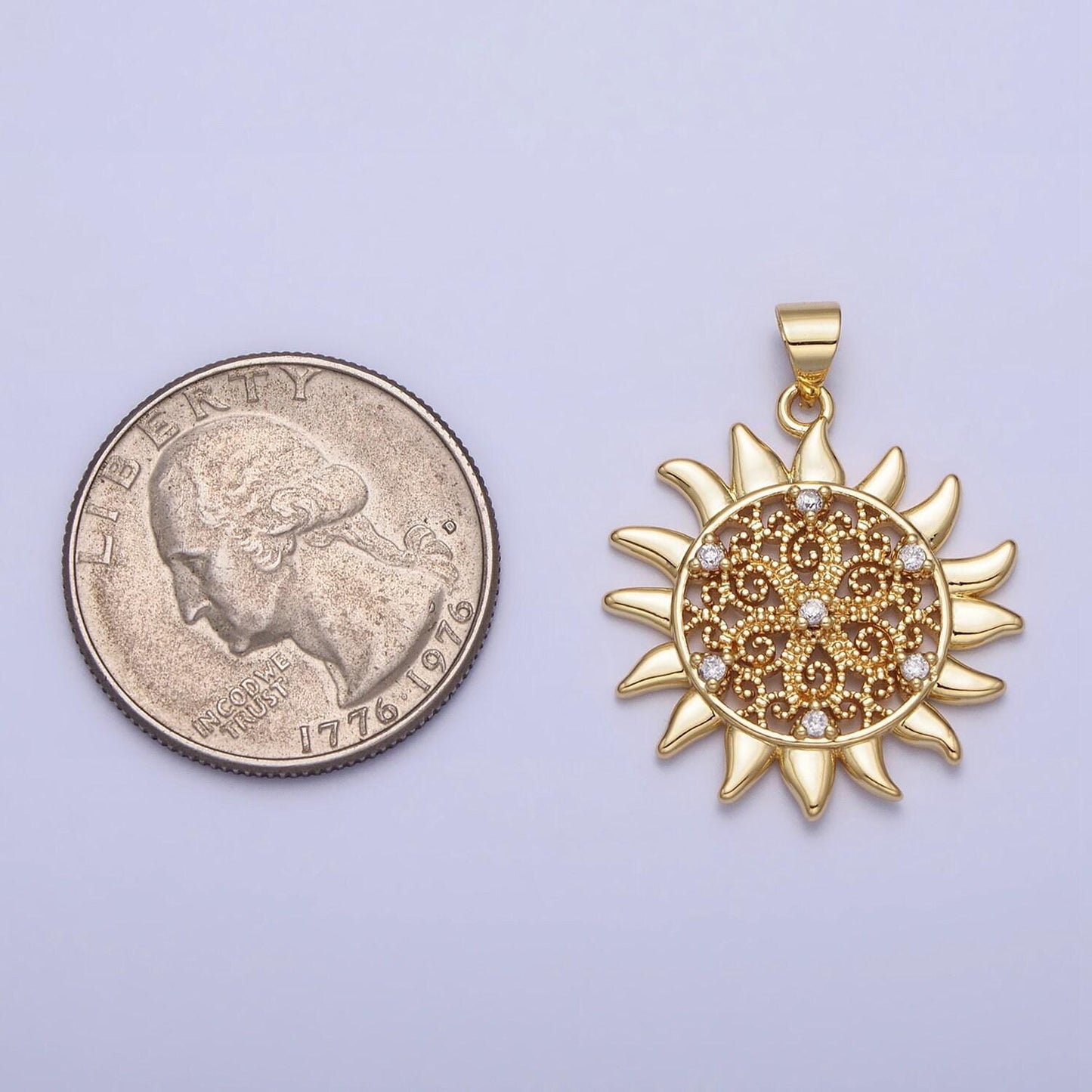 Gold sun flower charm cz filigree floral celestial medallion round pendant | aa157