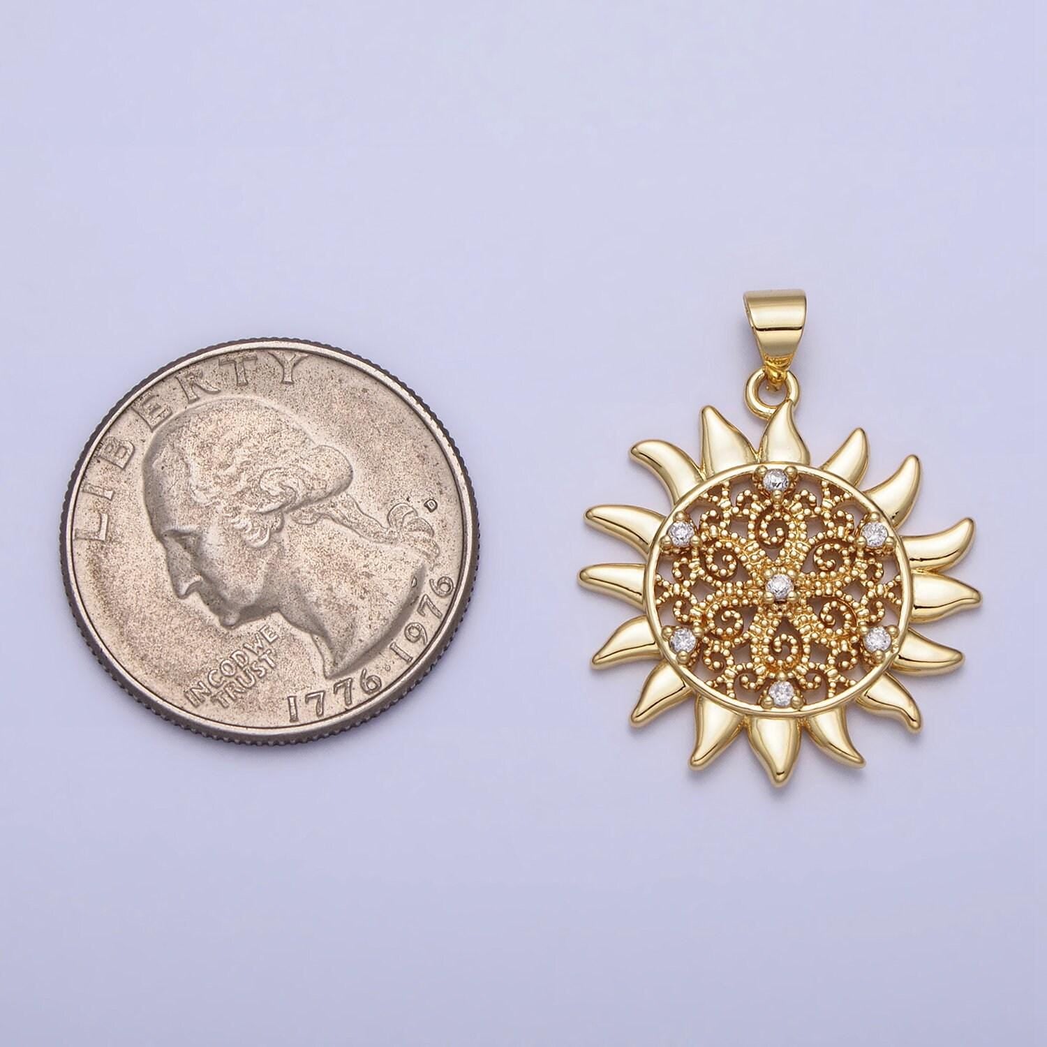 Gold sun flower charm cz filigree floral celestial medallion round pendant | aa157