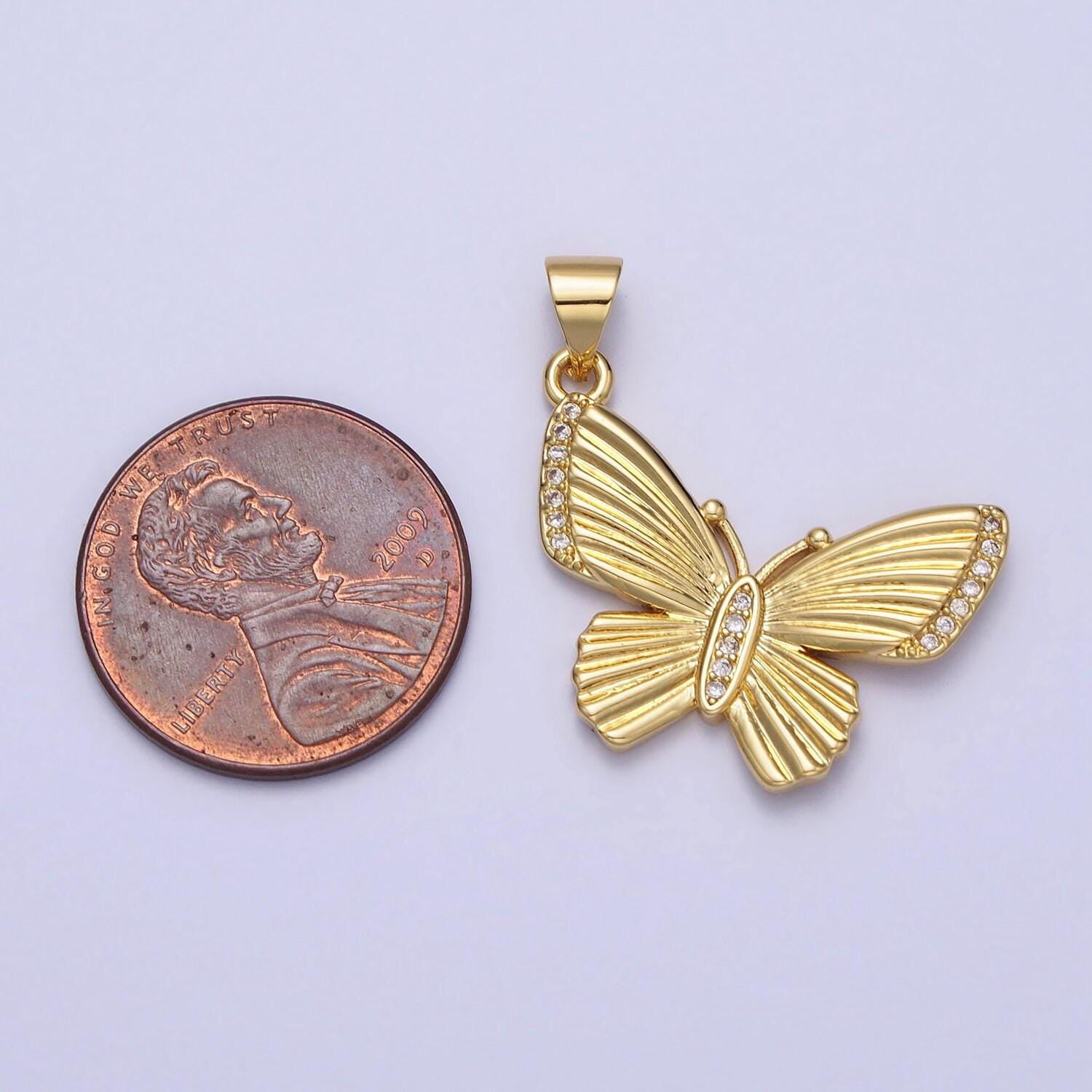 Mini gold butterfly mariposa textured sunburst clear micro paved cz pendant | aa156