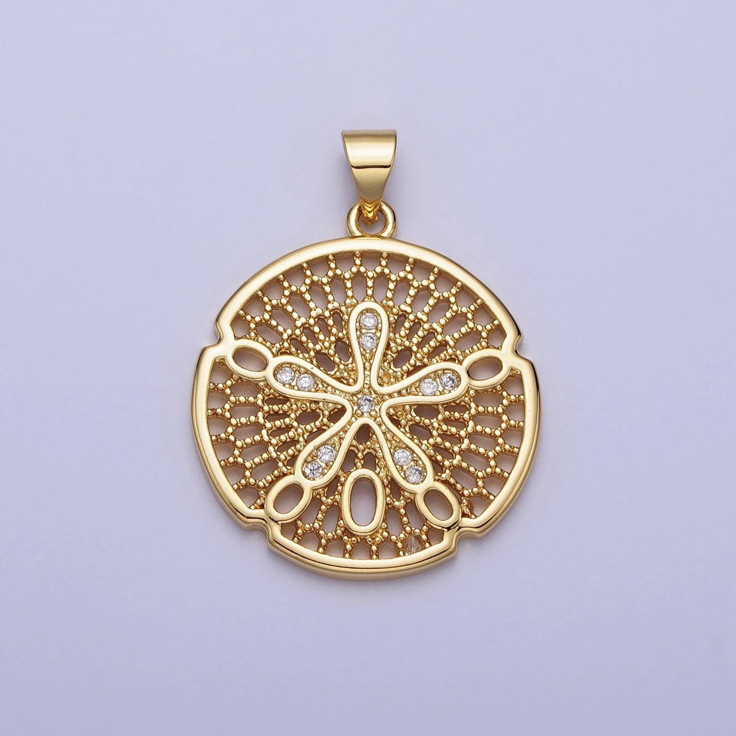Gold splat flower charm cz filigree geometric medallion round pendant | aa153