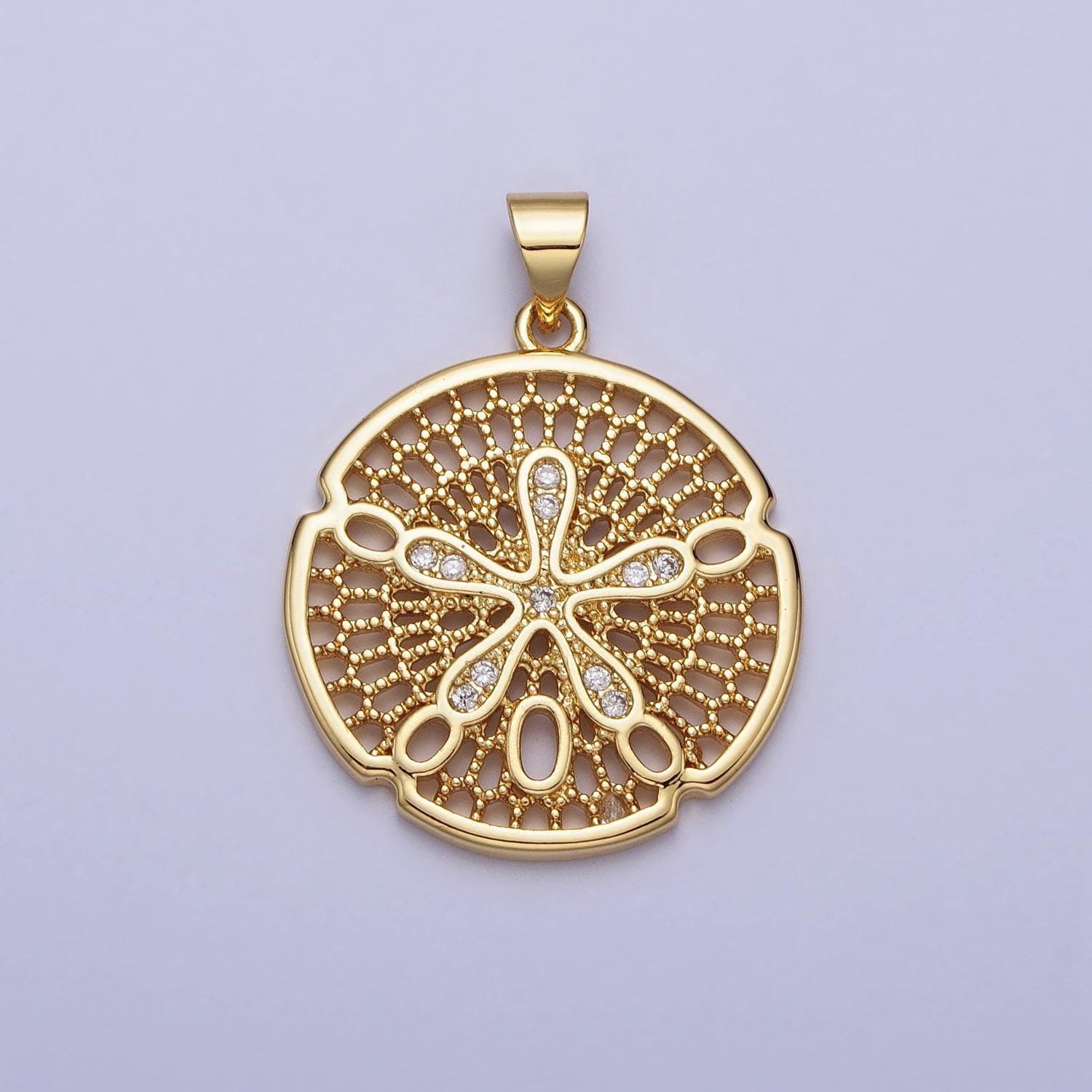 Gold splat flower charm cz filigree geometric medallion round pendant | aa153