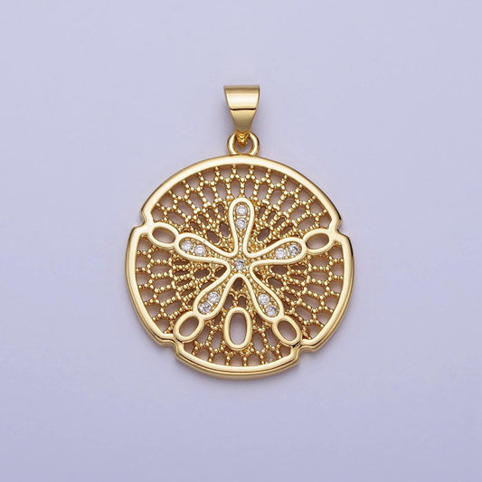 Gold splat flower charm cz filigree geometric medallion round pendant | aa153