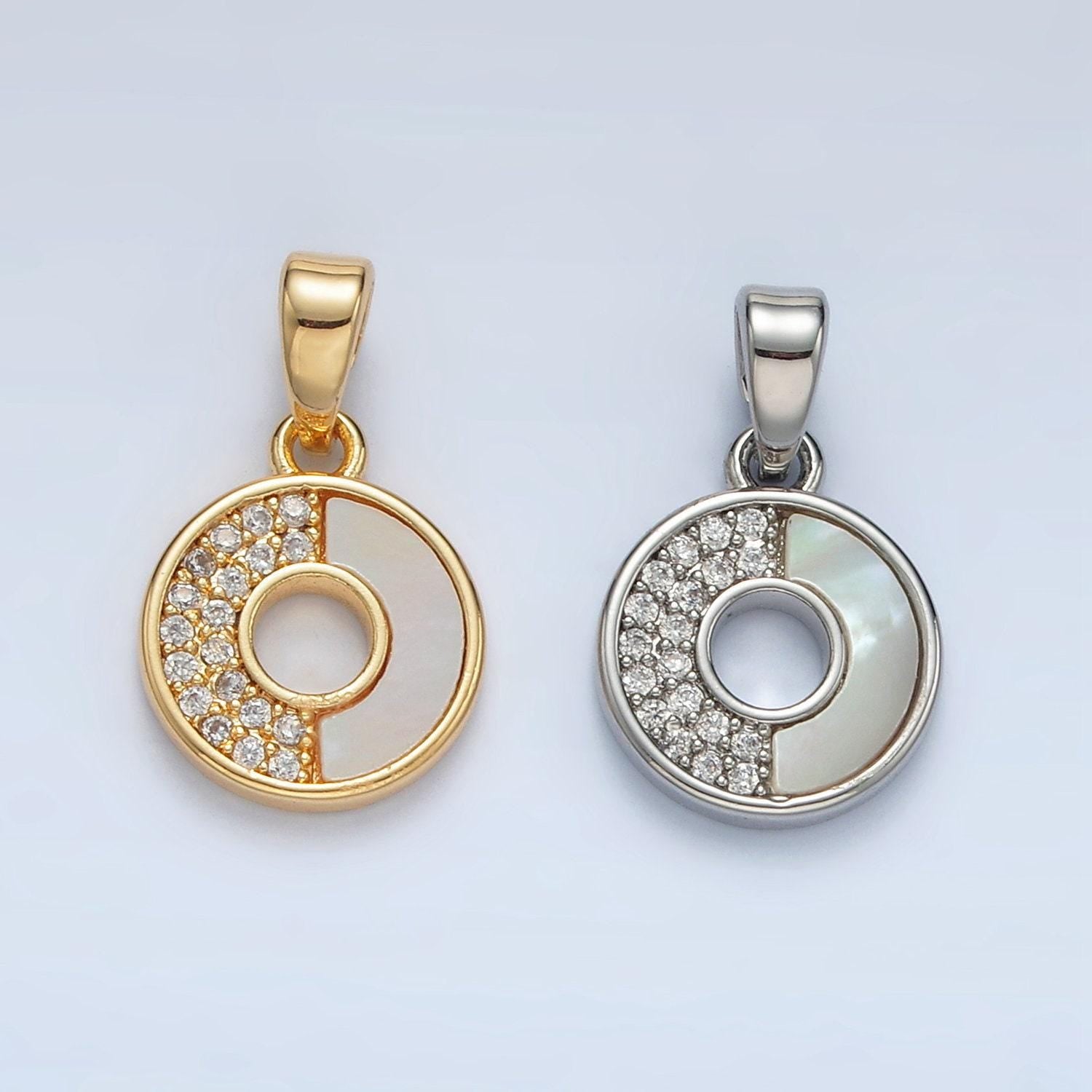 Mini 24k gold filled paved clear cz and shell pearl on round open charm in gold & silver | aa1520
