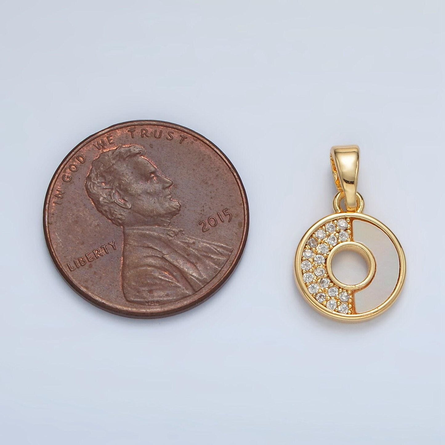 Mini 24k gold filled paved clear cz and shell pearl on round open charm in gold & silver | aa1520