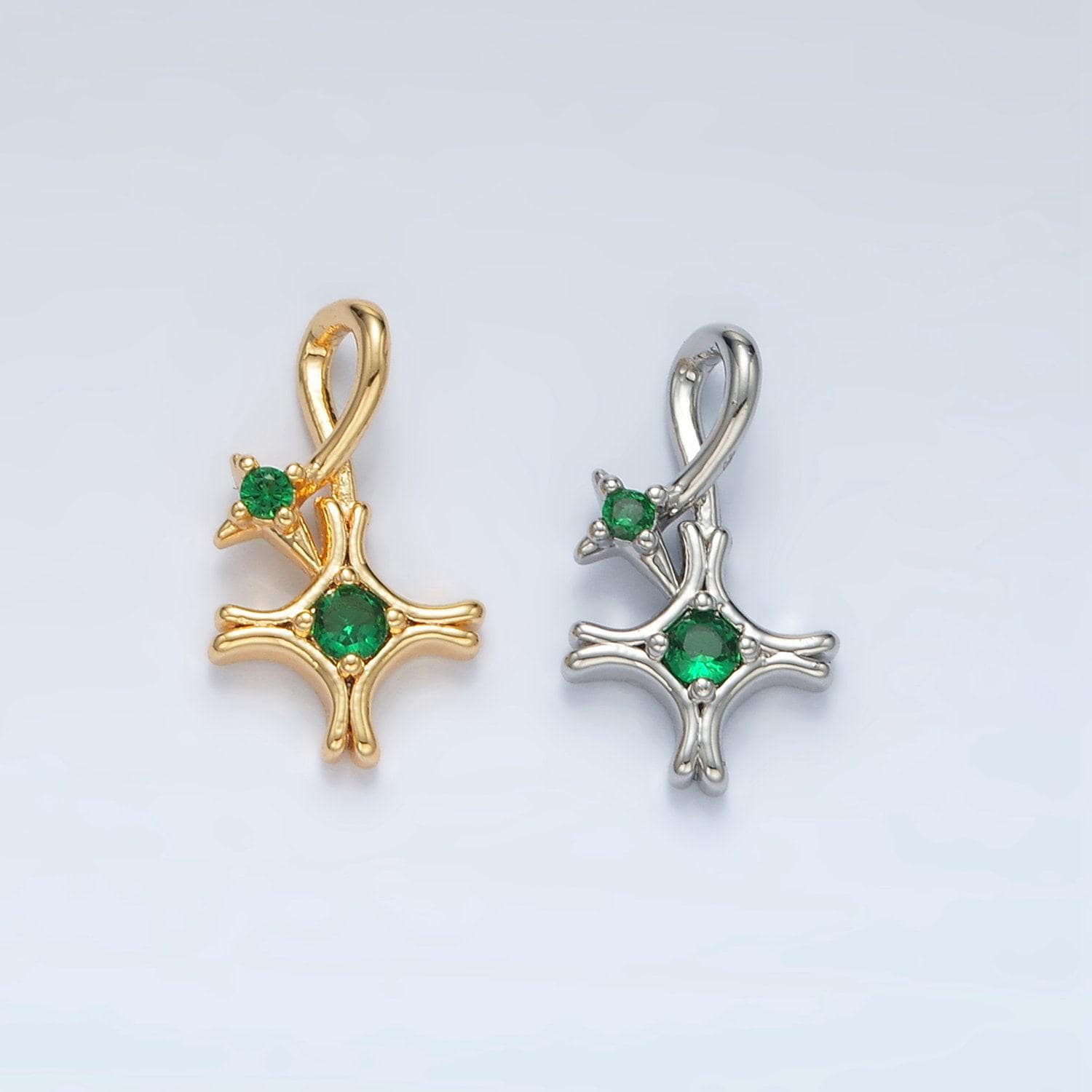 Gold filled double star green cz charm in gold & silver | aa-1513