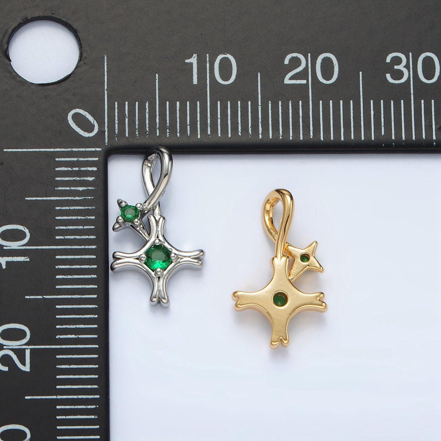 Gold filled double star green cz charm in gold & silver | aa-1513