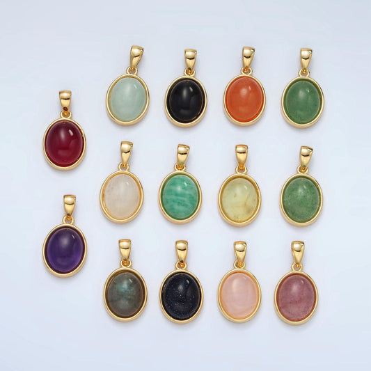 24k gold filled 14mm oval natural gemstone pendant | aa1395-aa1401
