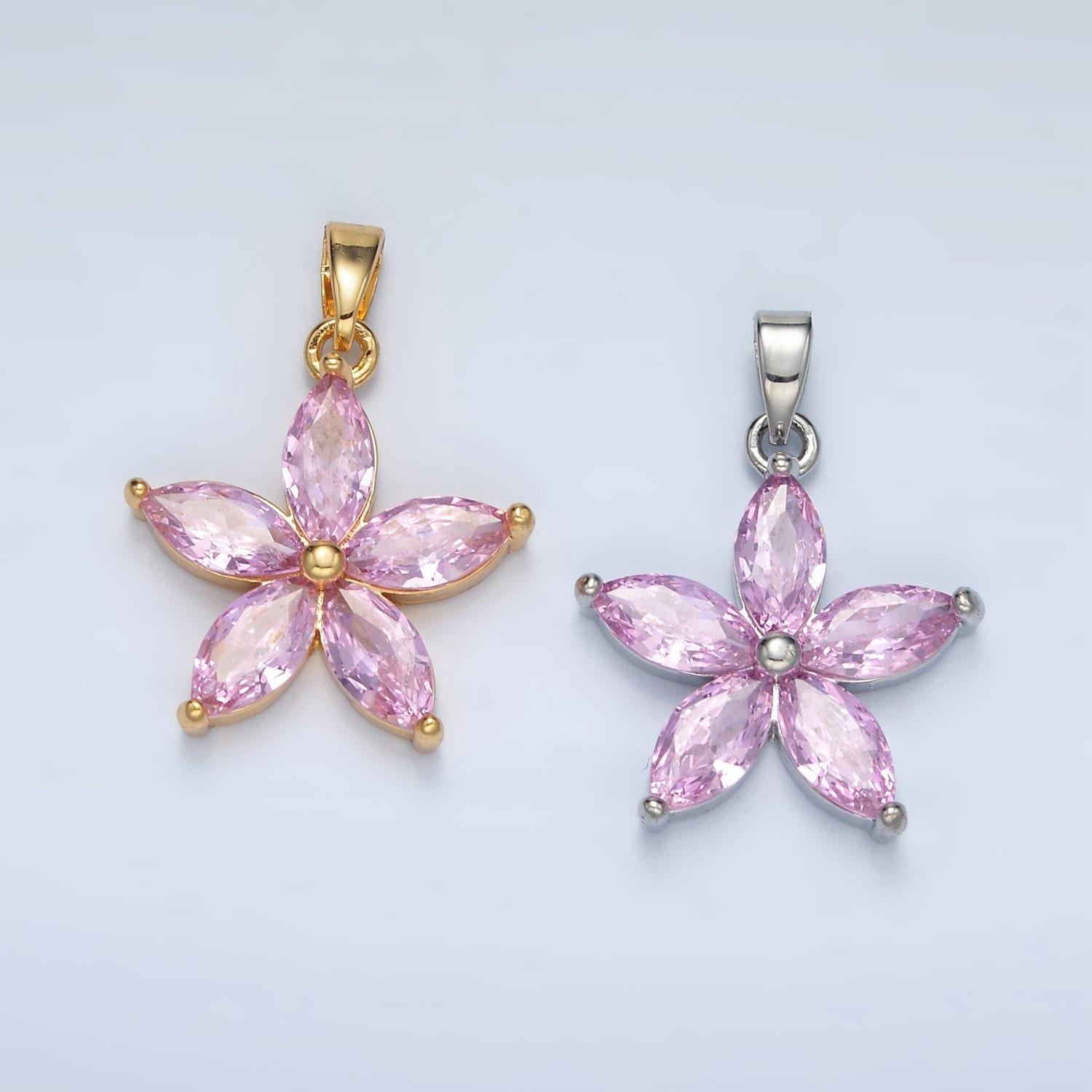 24k gold filled pink marquise cz flower pendant in gold & silver | aa-1392