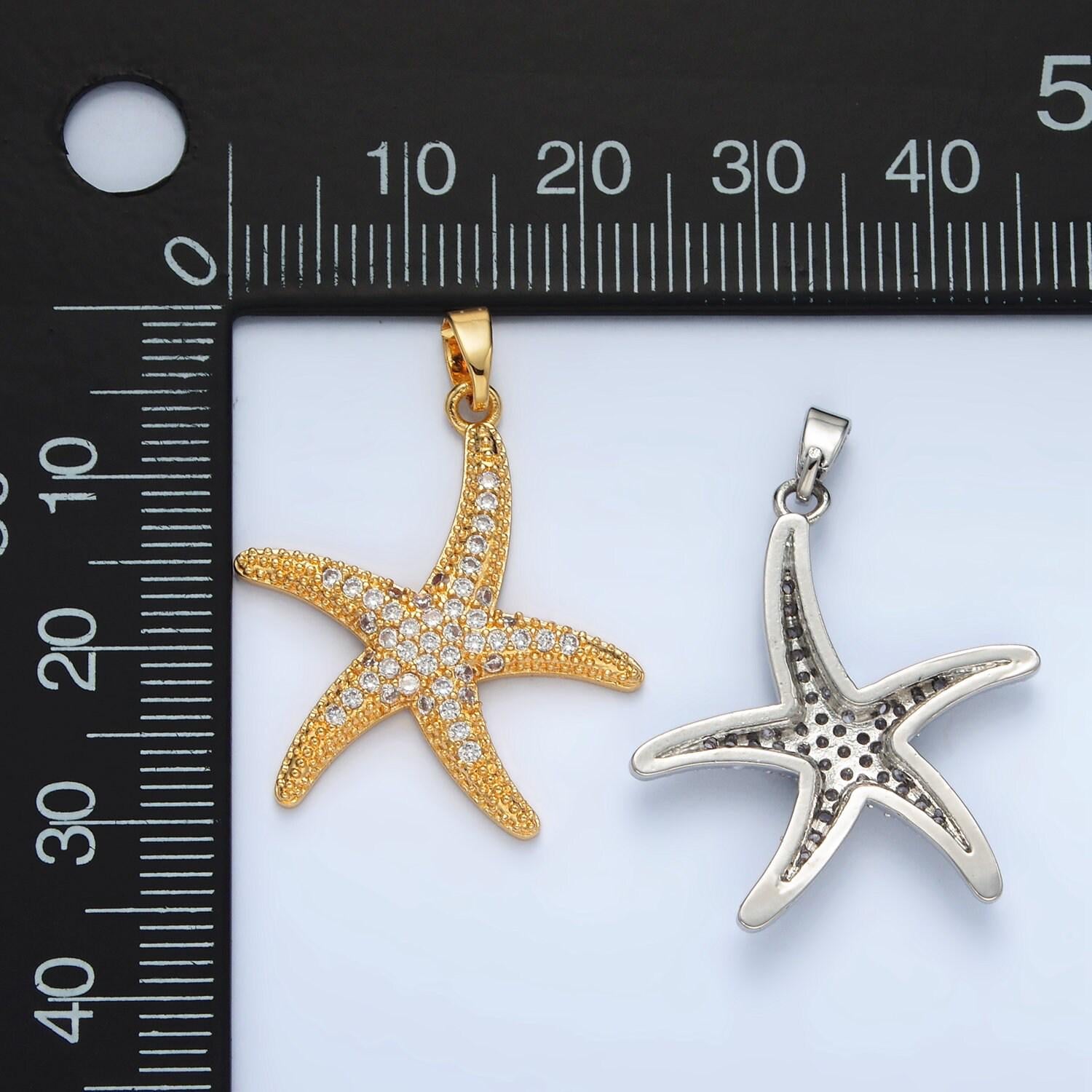 24k gold filled 26mm cz paved starfish pendant in gold & silver |