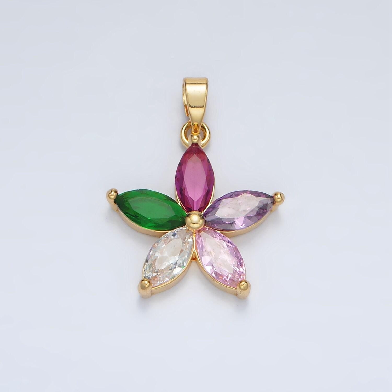 24k gold filled multicolor marquise cz flower pendant in gold & silver | aa1386