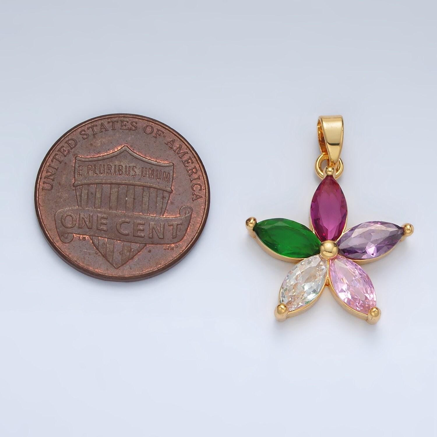 24k gold filled multicolor marquise cz flower pendant in gold & silver | aa1386