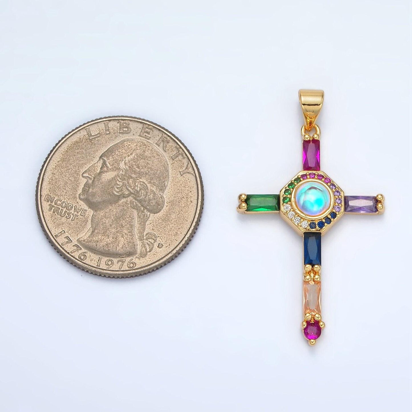 24k gold filled rainbow baguette micro paved cz cross pendant for religious jewelry necklace charm | aa1365