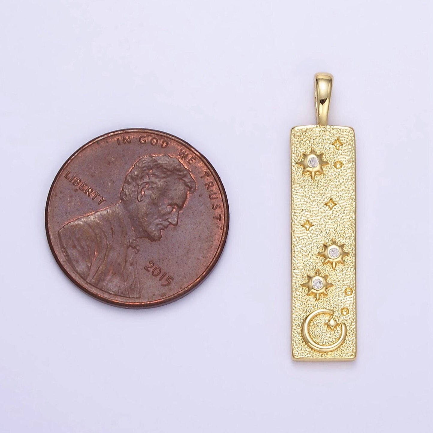24k gold filled hammered rustic long bar cosmic celestial crescent moon star textured tag charm | aa1350