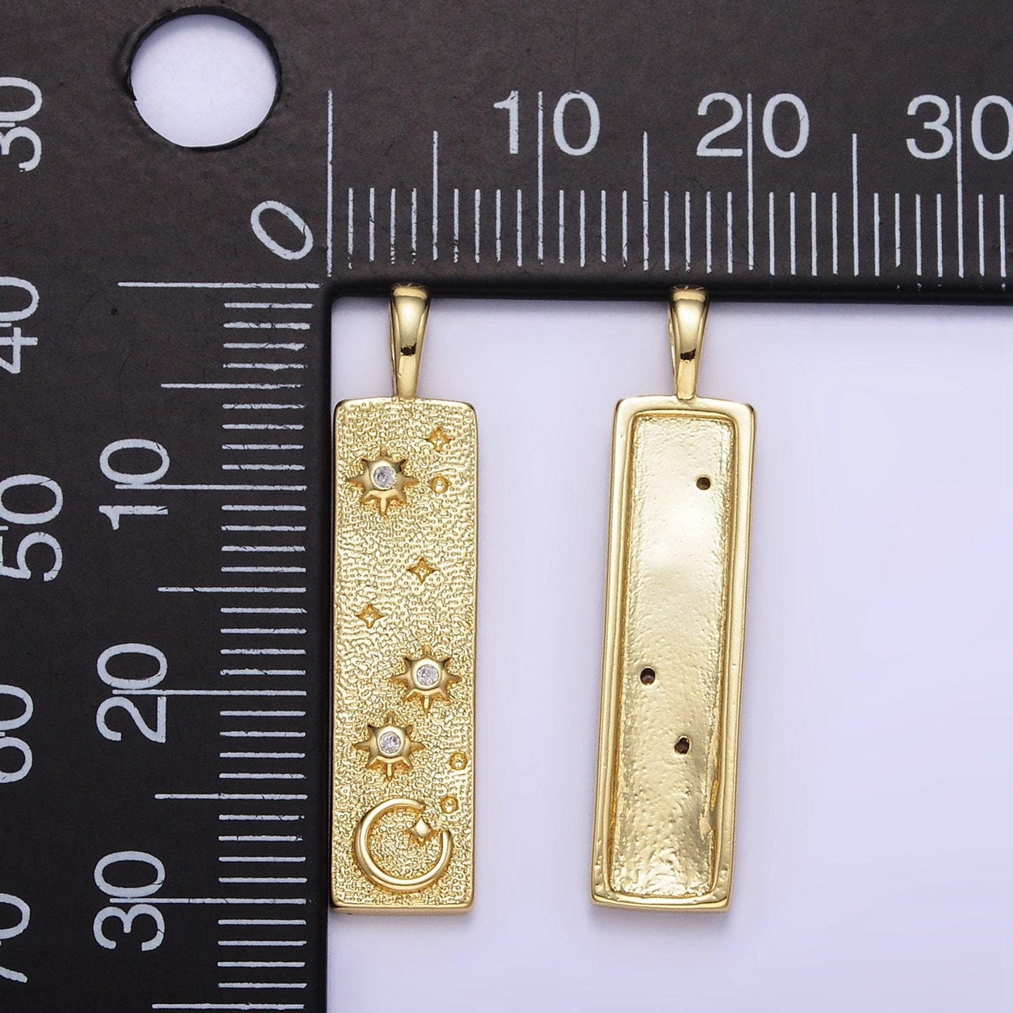 24k gold filled hammered rustic long bar cosmic celestial crescent moon star textured tag charm | aa1350
