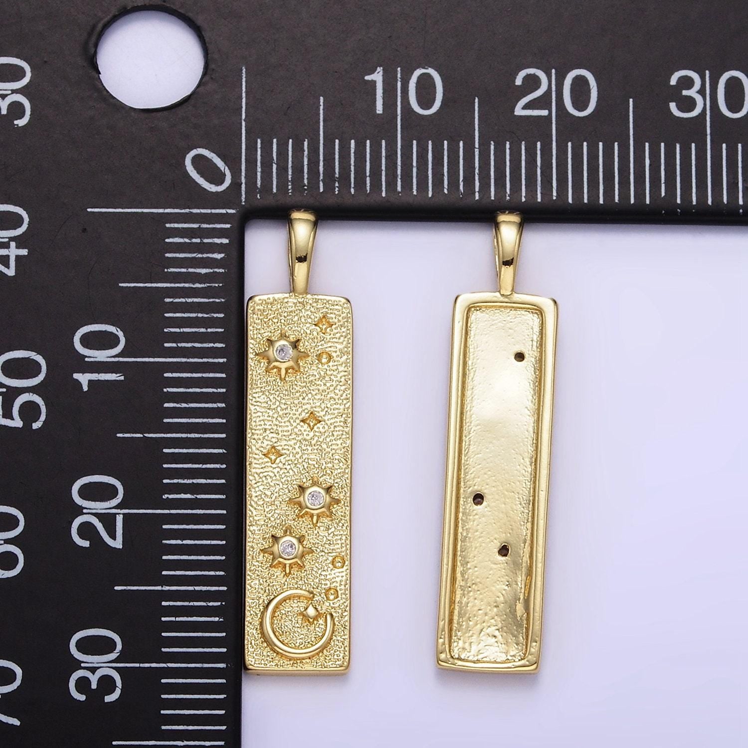 24k gold filled hammered rustic long bar cosmic celestial crescent moon star textured tag charm | aa1350