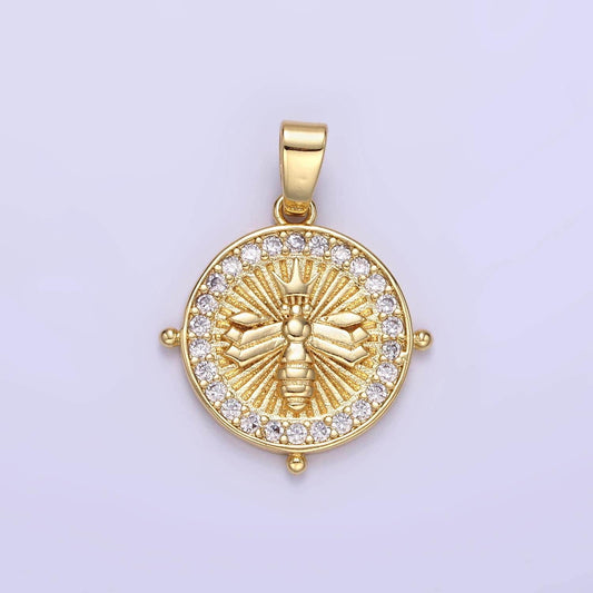 Gold bee charm fly cz charm pendant circle charm, round disc, gold coin queenbee charm for necklace bracelet earring animal insect aa1348