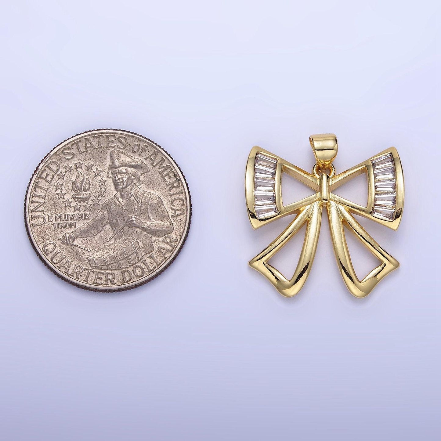 Clear baguette cz ribbon bow charm 21mm gold filled dainty bow pendant | aa1320