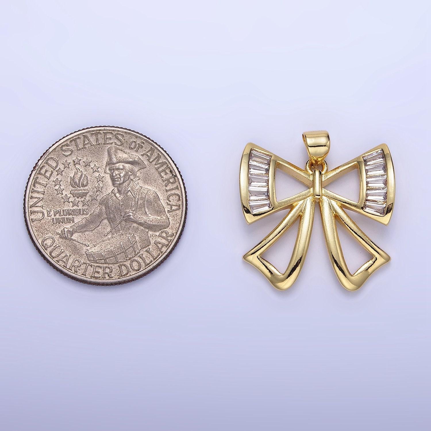 Clear baguette cz ribbon bow charm 21mm gold filled dainty bow pendant | aa1320